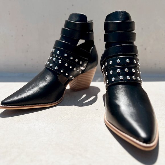 NEW Black Studded Cutout Buckle Strap Pointy Toe Block Heel Ankle Booties Vegan - Picture 9 of 16